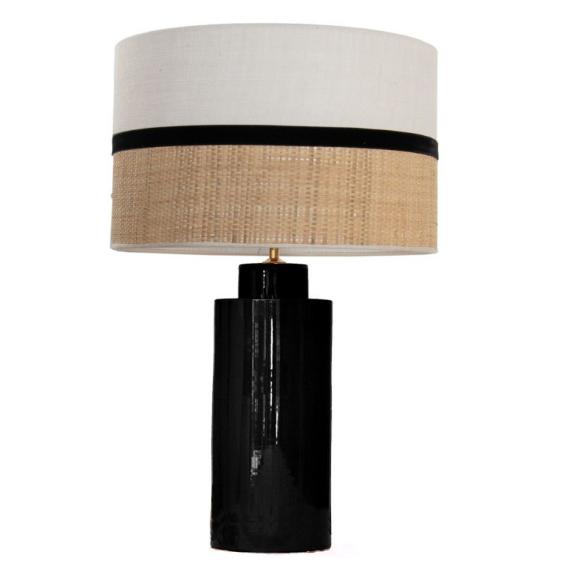 1727 - Lamp and Sack, Velvet and Raffia Shade (65cm height) Gold base flat design.