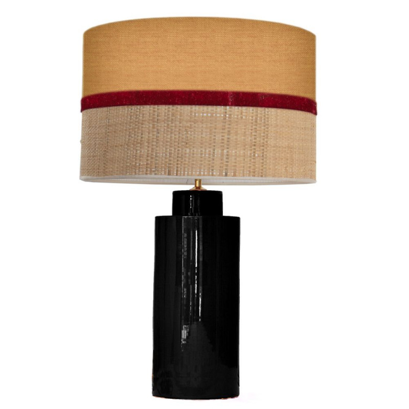 1727 - Lamp and Sack, Velvet and Raffia Shade (65cm height) Gold base flat design.