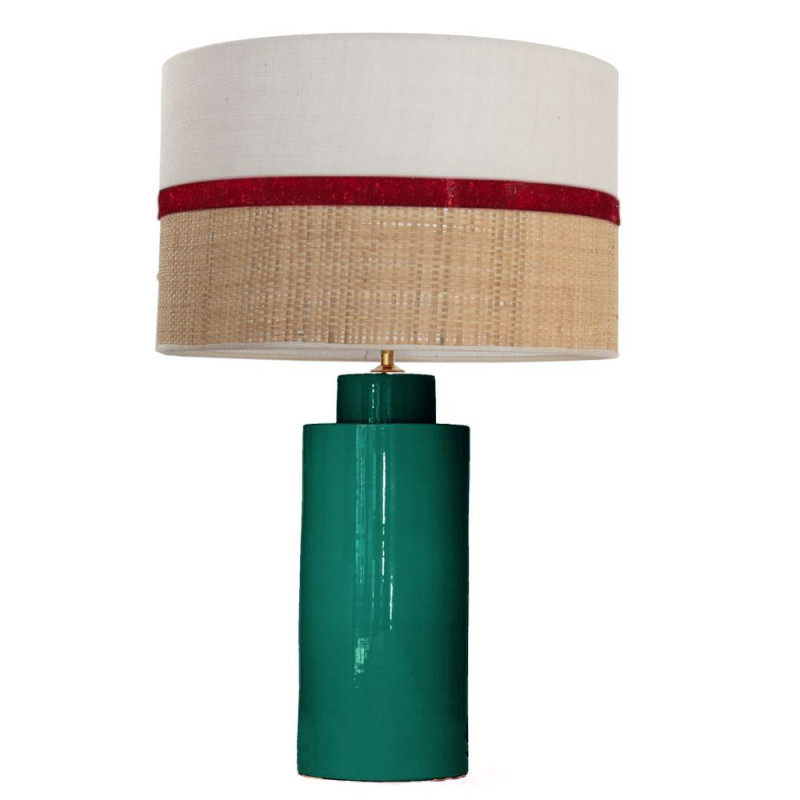 1727 - Lamp and Sack, Velvet and Raffia Shade (65cm height) Gold base flat design.