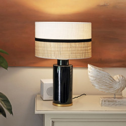 1727 - Lamp and Sack, Velvet and Raffia Shade (65cm height) Gold base flat design.