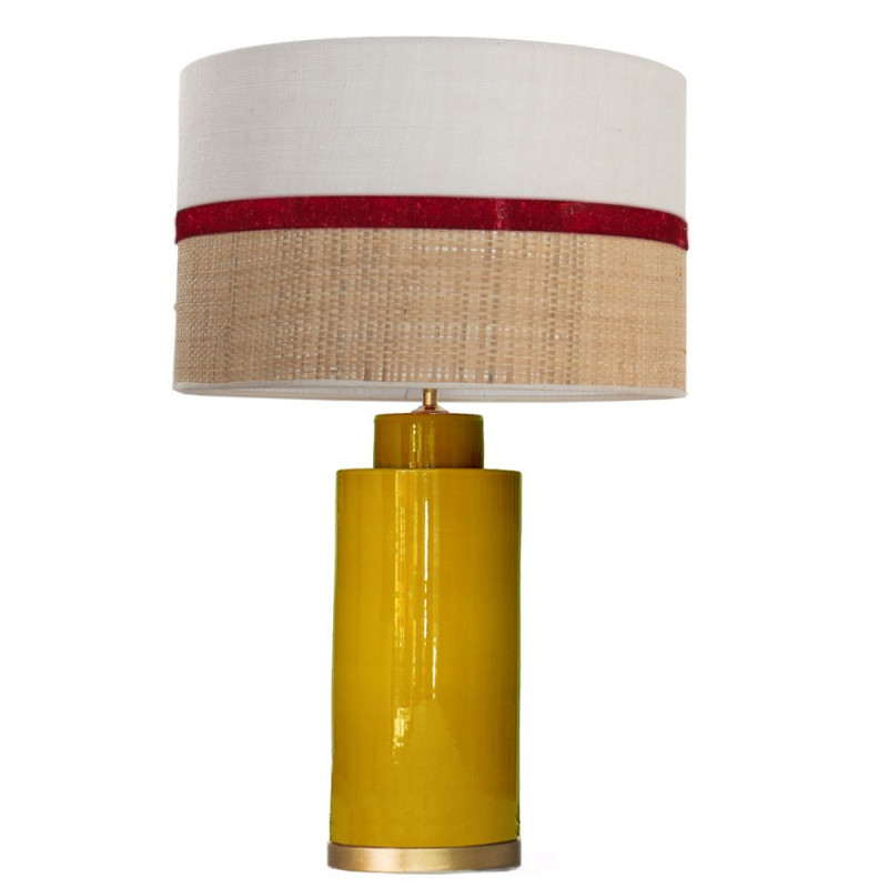 1727 - Gold base lamp / Sack, Velvet and Raffia Shade (67cm height) Gold base flat design.