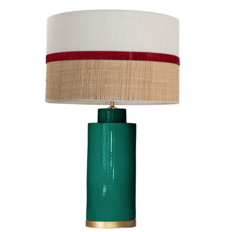 1727 - Gold base lamp / Sack, Velvet and Raffia Shade (67cm height) Gold base flat design.