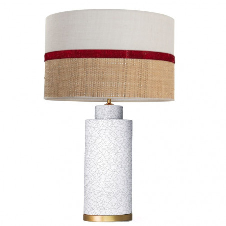 1727 - Gold base lamp / Sack, Velvet and Raffia Shade (67cm height) Gold base flat design.