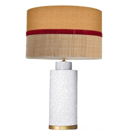 1727 - Gold base lamp / Sack, Velvet and Raffia Shade (67cm height) Gold base flat design.