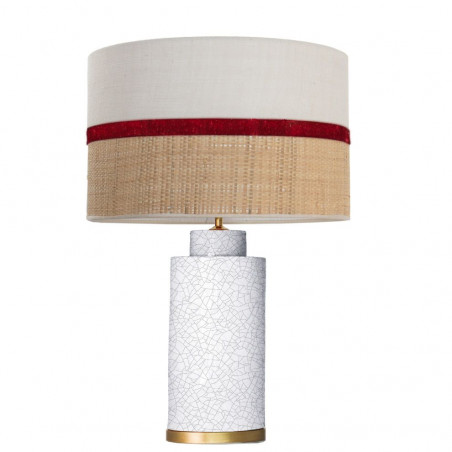 1728 - Lamp and Sack, Velvet and Raffia Shade (58.5cm height) Gold base flat design.