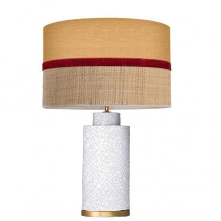 1728 - Lamp and Sack, Velvet and Raffia Shade (58.5cm height) Gold base flat design.