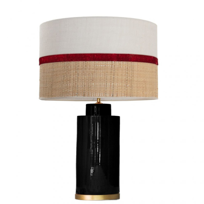 1728 - Lamp and Sack, Velvet and Raffia Shade (58.5cm height) Gold base flat design.