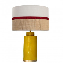 1728 - Lamp and Sack, Velvet and Raffia Shade (58.5cm height) Gold base flat design.