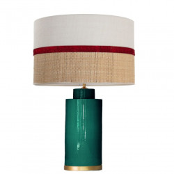 1728 - Lamp and Sack, Velvet and Raffia Shade (58.5cm height) Gold base flat design.