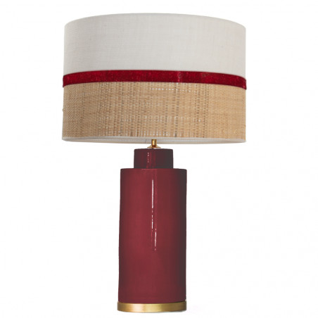 1727 - Gold base lamp / Sack, Velvet and Raffia Shade (67cm height) Gold base flat design.