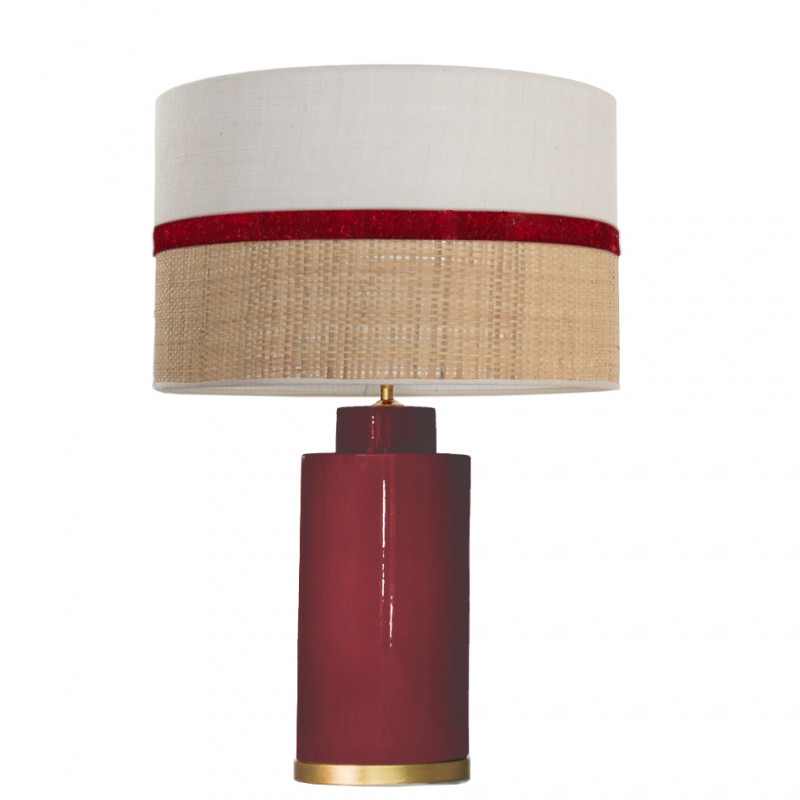 1728 - Lamp and Sack, Velvet and Raffia Shade (61cm height) Gold base flat design.