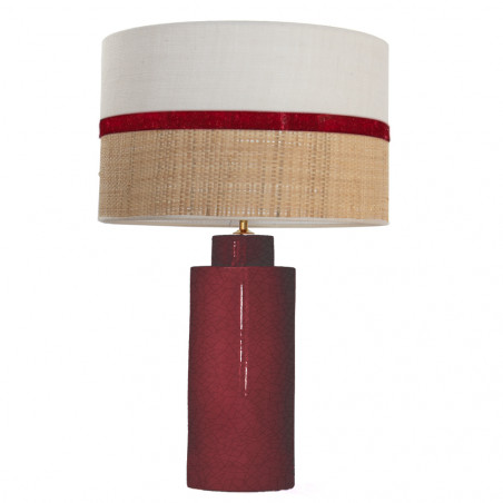 1727 - Lamp and Sack, Velvet and Raffia Shade (65cm height) Gold base flat design.