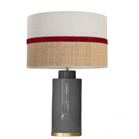 1728 - Lamp and Sack, Velvet and Raffia Shade (61cm height) Gold base flat design.