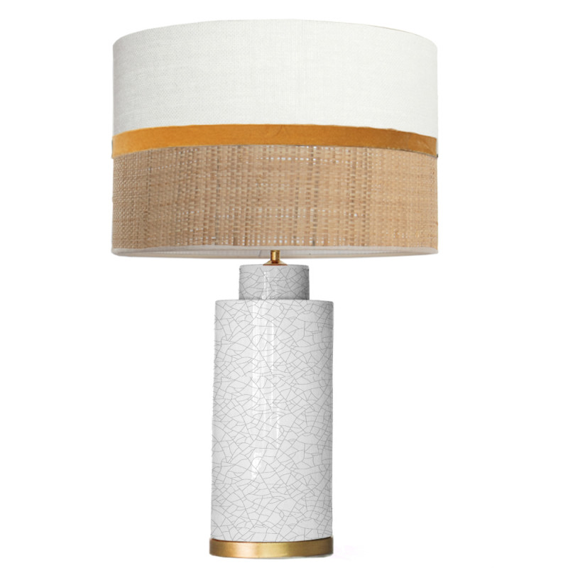 1727 - Gold base lamp / Sack, Velvet and Raffia Shade (67cm height) Gold base flat design.