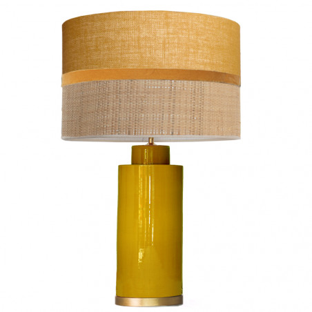 1727 - Gold base lamp / Sack, Velvet and Raffia Shade (67cm height) Gold base flat design.