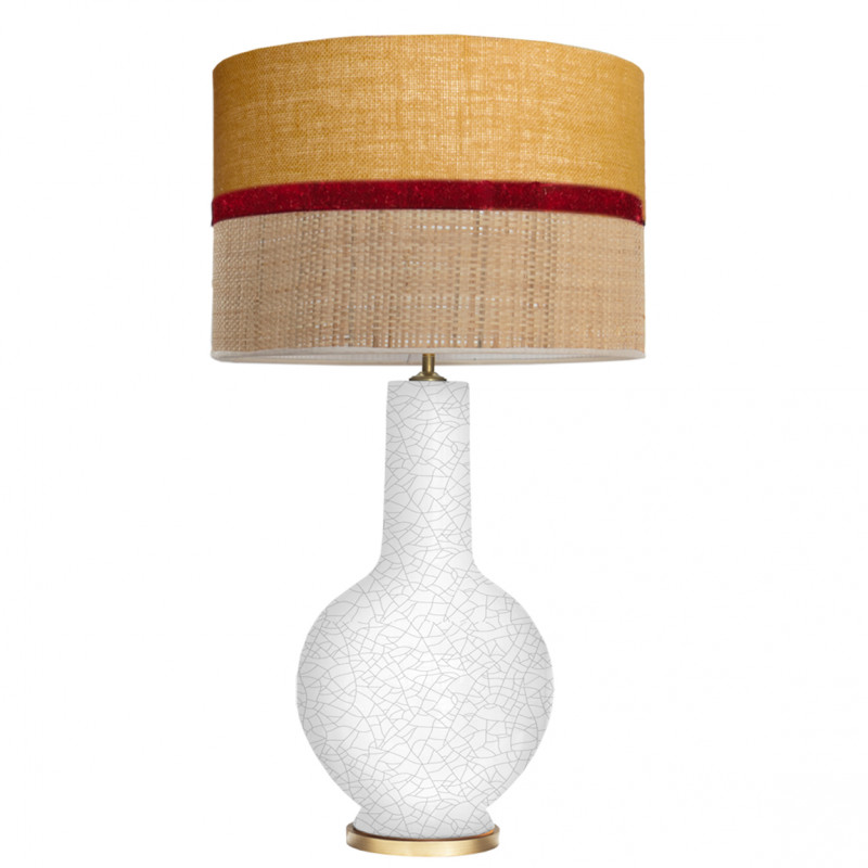 1764 - Lamp and Sack, Velvet and Raffia Shade (75cm height) Gold base flat design.