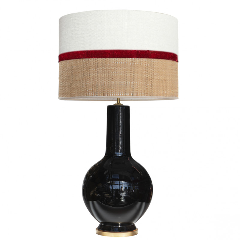 1764 - Lamp and Sack, Velvet and Raffia Shade (75cm height) Gold base flat design.