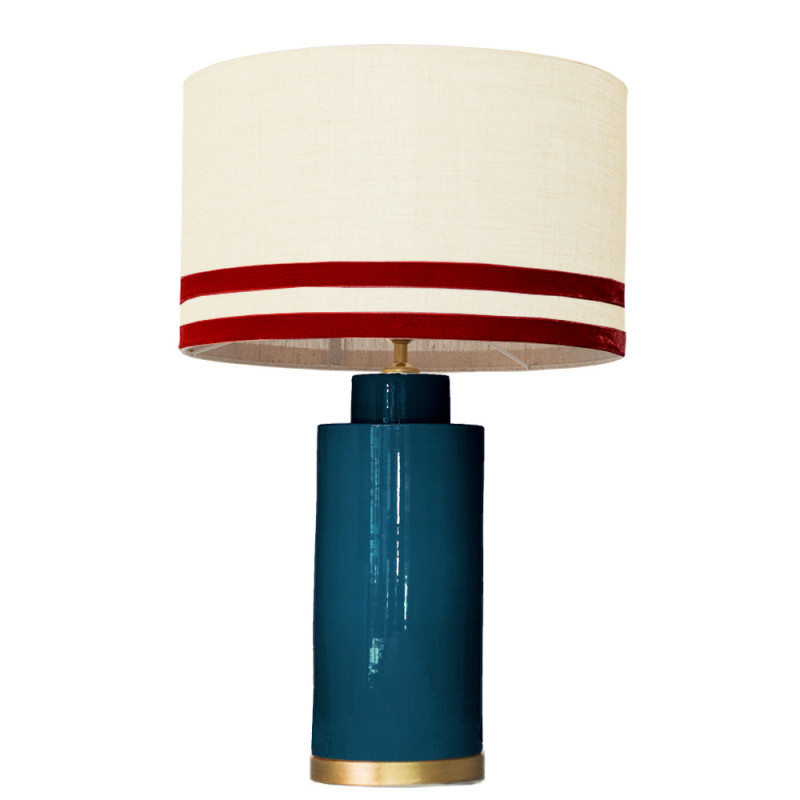 1727 - Lamp and Svel Toasted Linen Shade with velvet stripes(67cm height) Gold base flat design.