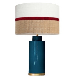 1727 - Gold base lamp / Sack, Velvet and Raffia Shade (67cm height) Gold base flat design.