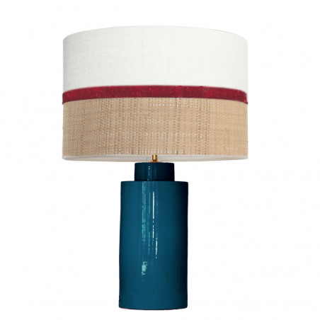 1728 - Lamp and Sack, Velvet and Raffia Shade (59cm height) Gold base flat design.